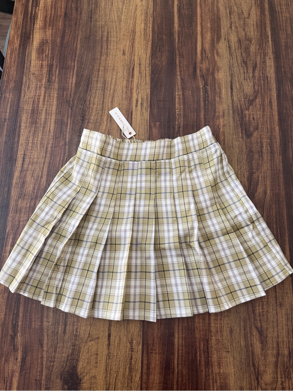 O Vianca Olive and White Plaid Pleated Skater Skirt